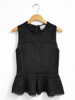 Sea New York Black Eyelet Lace Boho Sleeveless Peplum Ruffle High Neck Blouse